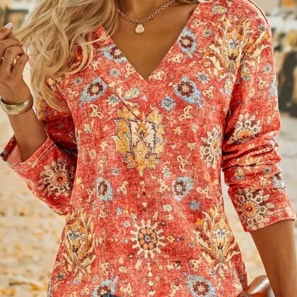 Blusa Rosaly - Blusa de manga larga con estampado bohemio y cuello en pico