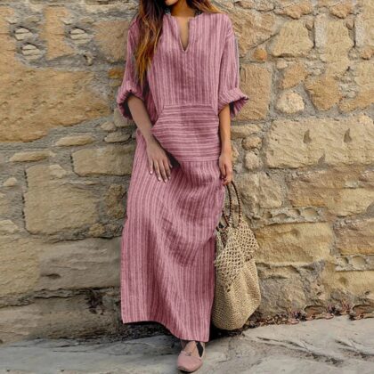 Vestido Alma - Vestido largo informal de rayas con escote en pico